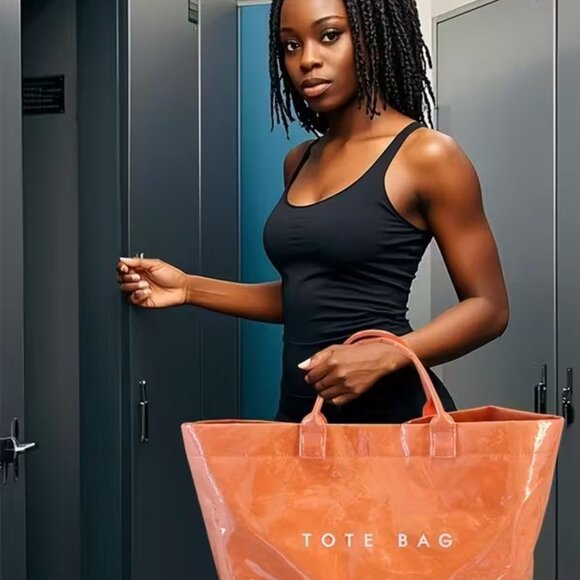 Large Orange Glossy PVC Tote Bag Lightweight Everyday Shopping Handbag - Picture 2 of 4